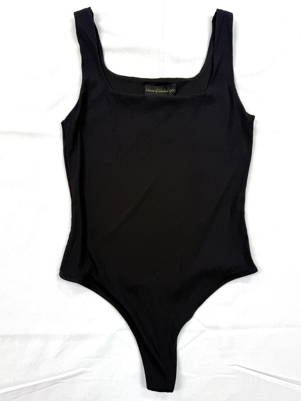 House of Harlow 1960 Black Ribbed Square Neck Thong Bodysuit Small Stretch